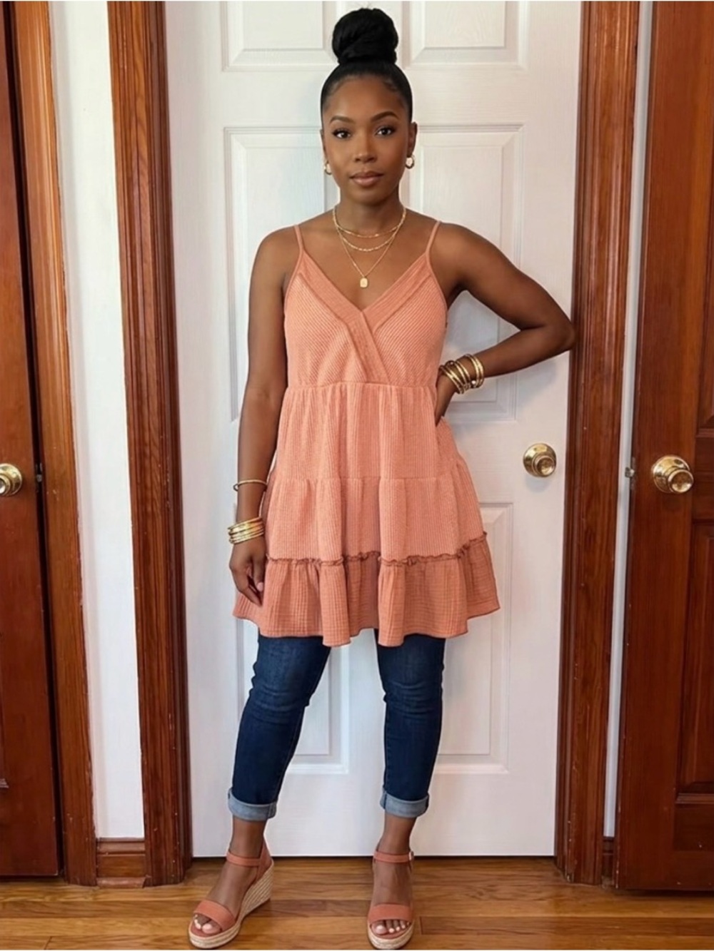 Peach Love California Dusty Peach V-Neck Tiered Babydoll Dress